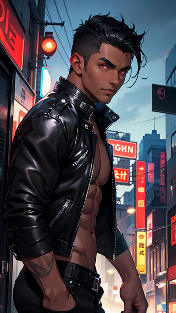 1boy, detailed face, detailed eyes, dark-skinned male, black hair, wolfcut hair, red eyes, black jacket, leather jacket, black tanktop, black jeans, muscular male, outdoors, city, night