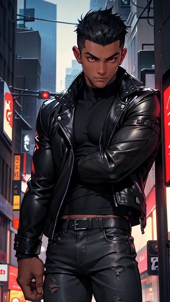 1boy, detailed face, detailed eyes, dark-skinned male, black hair, wolfcut hair, red eyes, black jacket, leather jacket, black tanktop, black jeans, muscular male, outdoors, city, night