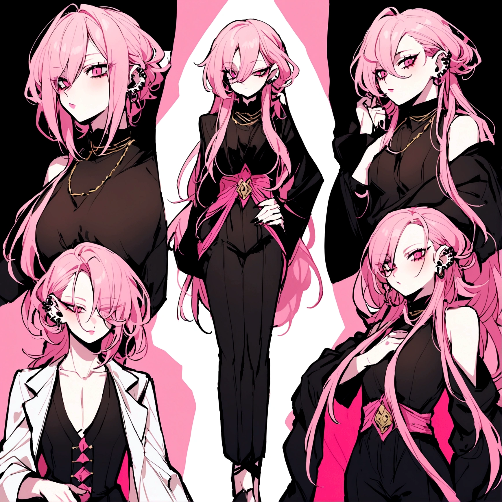 Boku no hero oc of medium height, with a slim figure and defined waist that gives her an androgynous appearance. Her hair is black and reaches her shoulders., with longer pink front locks that fall to the chest. He sports three piercings in each lip and three in each ear, which adds a rebellious touch to your style. Their gender is unknown.