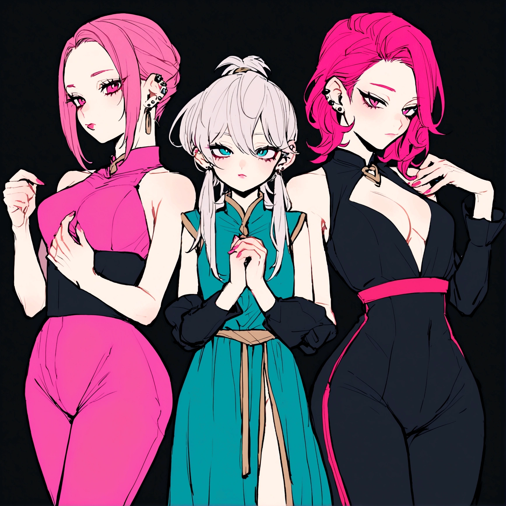 Boku no hero oc of medium height, with a slim figure and defined waist that gives her an androgynous appearance. Her hair is black and reaches her shoulders., with longer pink front locks that fall to the chest. He sports three piercings in each lip and three in each ear, which adds a rebellious touch to your style. Their gender is unknown.
