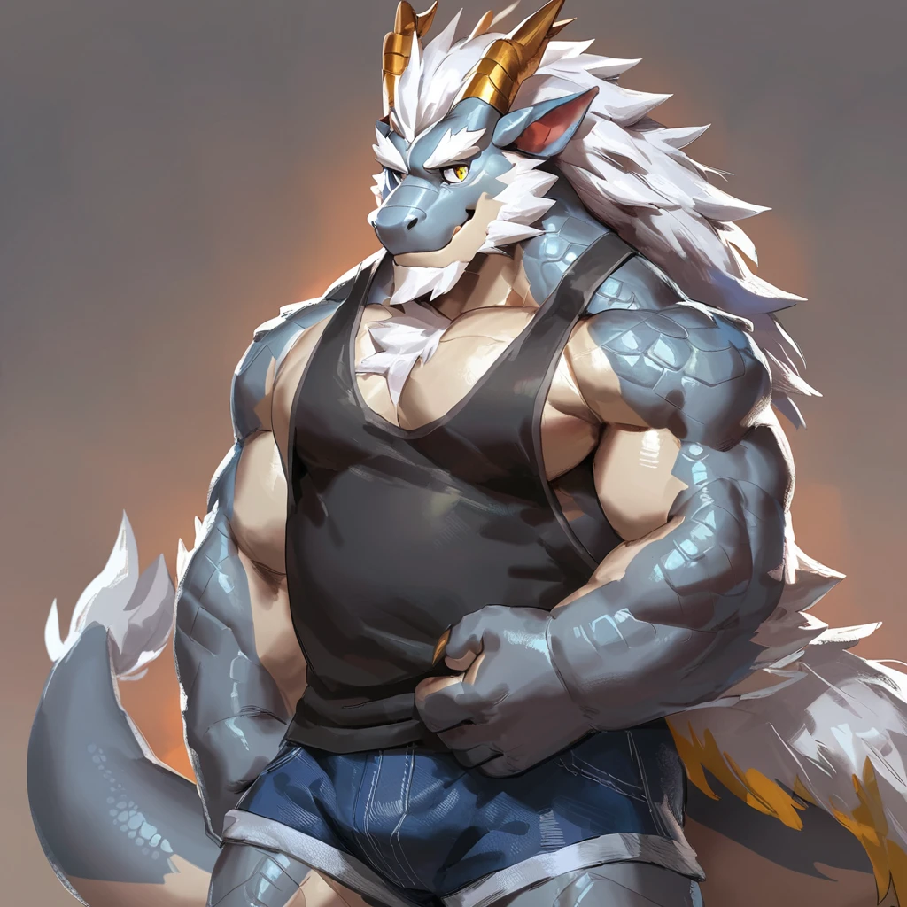 (artist: noku13456, jacketbear, dangpa, null-ghost, lindong, takahirosit),male, sfw, eastern dragon, , bara, big chest, simple bg, one fluffy tail, old man, fluffy mane, , grey body, white hair, solo, scales, detailed scales, tank top, jeans shorts, dragon horns, yellow iris, big eyes, white beard, fluffy hair, detailed face:2.0, one tail, masterpiece:2.0, perfect eyes:2.0, good anatomy:2.0