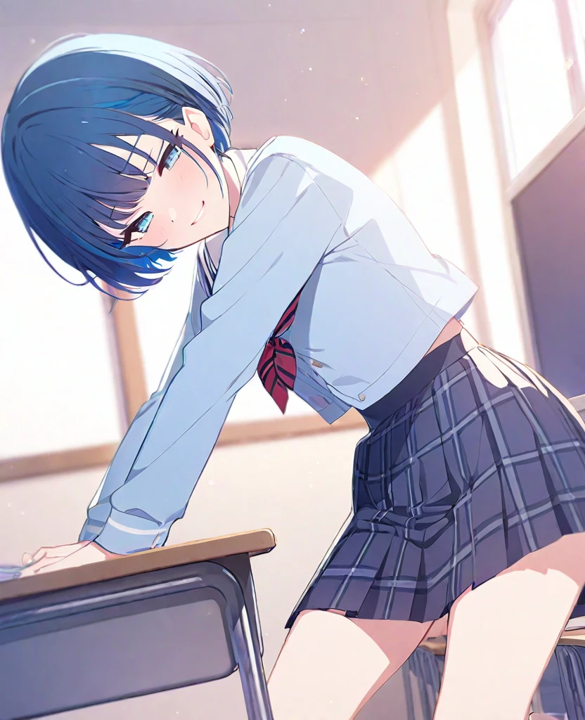 One girl,alone,kiritani haruka,Blue Hair,Blue Eyes,project sekai,Short Hair,cute,cute,smile,uniform,School classroom,skirt,kiss,Kissing a man,nsfw,