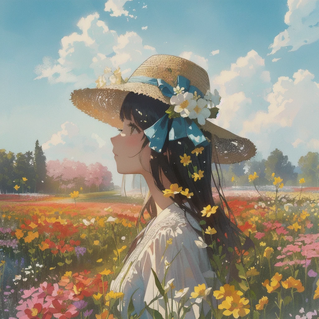 double exposure、there is a woman in a hat standing In the flower field, Straw hat beauty、Girl in the flower garden, woman in flowers, In the flower field, a girl floating in a flower field, Girl in Flowers, Portrait of Karan, Girl standing in a flower field,