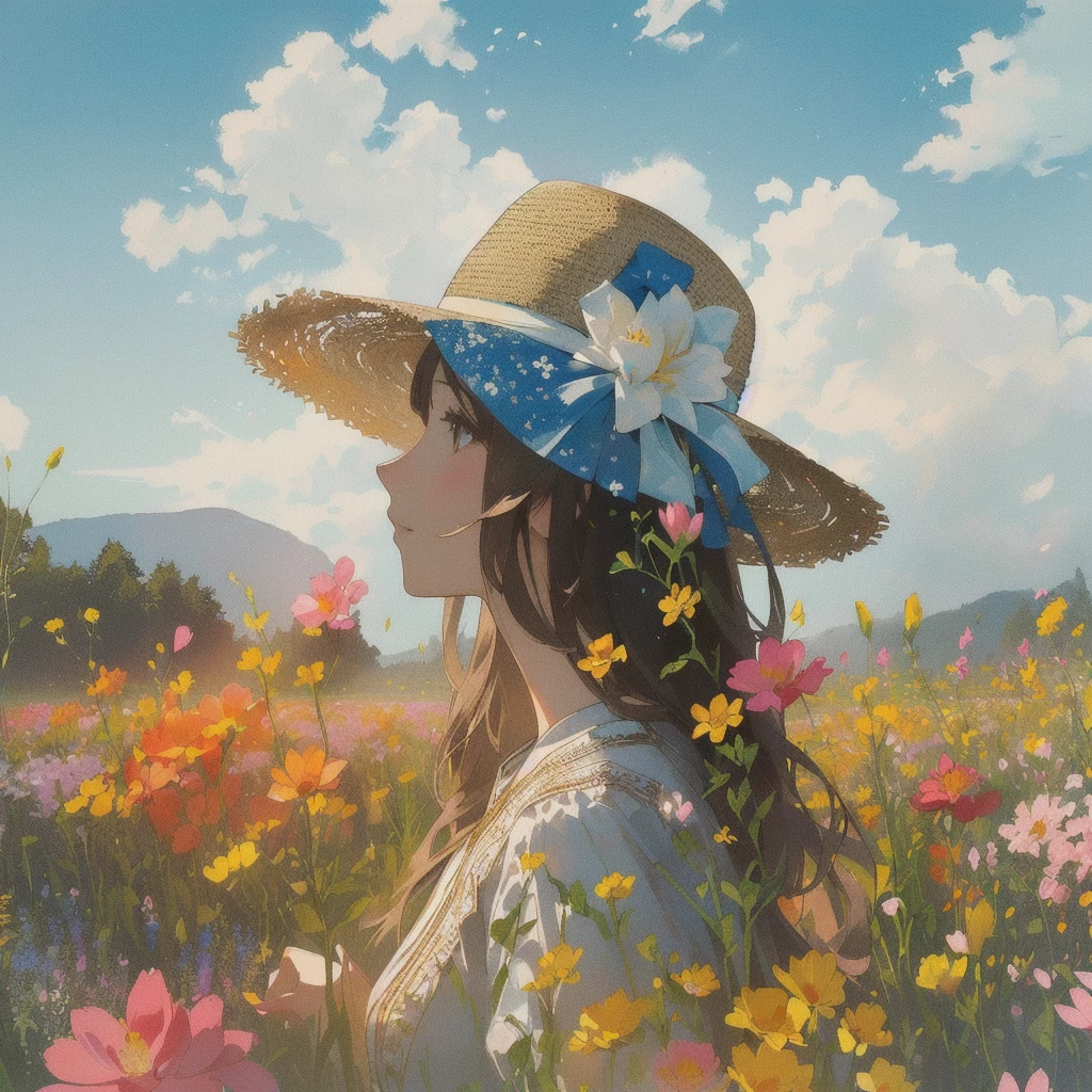 double exposure、there is a woman in a hat standing In the flower field, Straw hat beauty、Girl in the flower garden, woman in flowers, In the flower field, a girl floating in a flower field, Girl in Flowers, Portrait of Karan, Girl standing in a flower field, 