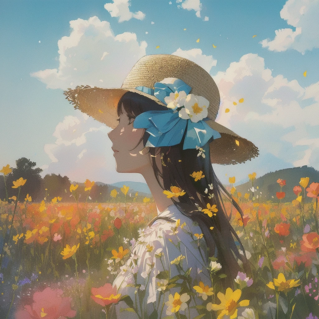 double exposure、there is a woman in a hat standing In the flower field, Straw hat beauty、Girl in the flower garden, woman in flowers, In the flower field, a girl floating in a flower field, Girl in Flowers, Portrait of Karan, Girl standing in a flower field,