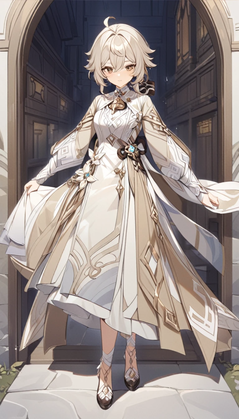 fashion design beige and white full length, Detailing clothes, genshin clothing