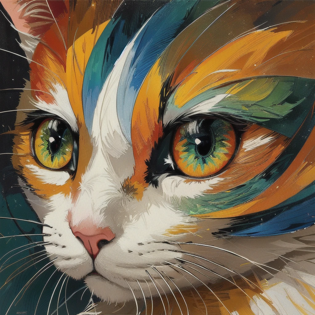 Trick Art、brightly colored Cat with green eyes and yellow eyes, highly detailed Digital Painting, Cat. Digital Painting, Beautiful digital art,Trick Art、 Beautiful digital artwork, Amazing digital art, Digital Painting highly detailed, Amazing digital art, Colourful and detailed, Beautiful Art UHD 4K, Amazing digital art, Digital Painting masterpiece, Detailed painting 4k, very Beautiful digital art