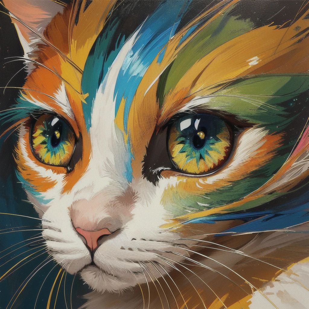 Trick Art、brightly colored Cat with green eyes and yellow eyes, highly detailed Digital Painting, Cat. Digital Painting, Beautiful digital art,Trick Art、 Beautiful digital artwork, Amazing digital art, Digital Painting highly detailed, Amazing digital art, Colourful and detailed, Beautiful Art UHD 4K, Amazing digital art, Digital Painting masterpiece, Detailed painting 4k, very Beautiful digital art