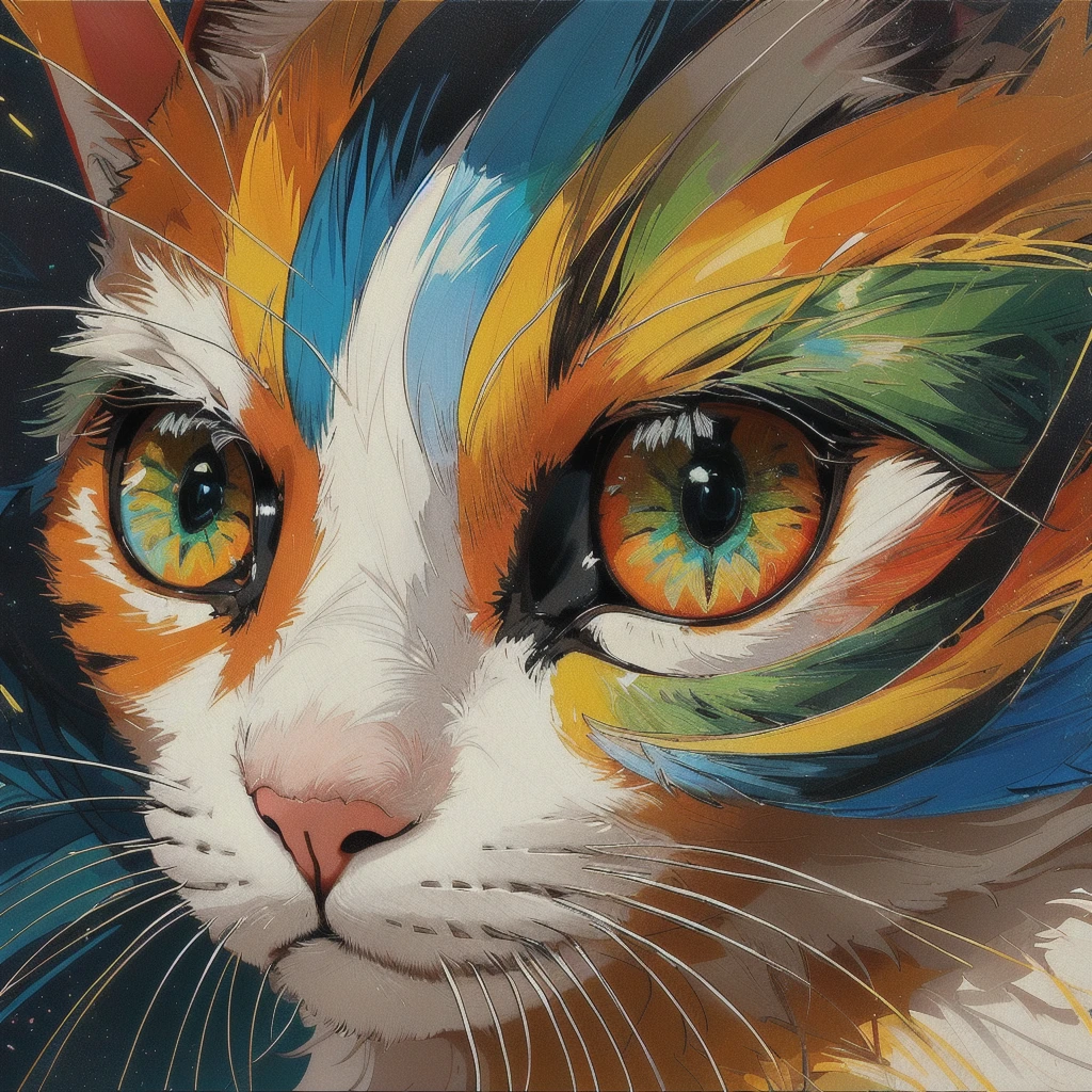 Trick Art、brightly colored Cat with green eyes and yellow eyes, highly detailed Digital Painting, Cat. Digital Painting, Beautiful digital art,Trick Art、 Beautiful digital artwork, Amazing digital art, Digital Painting highly detailed, Amazing digital art, Colourful and detailed, Beautiful Art UHD 4K, Amazing digital art, Digital Painting masterpiece, Detailed painting 4k, very Beautiful digital art