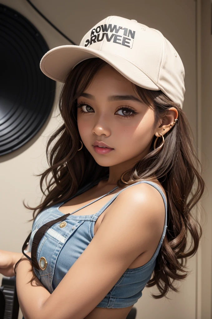 brown girl, medium curled hair, light brown eyes, cap backwards, small ear ring, Music studio
