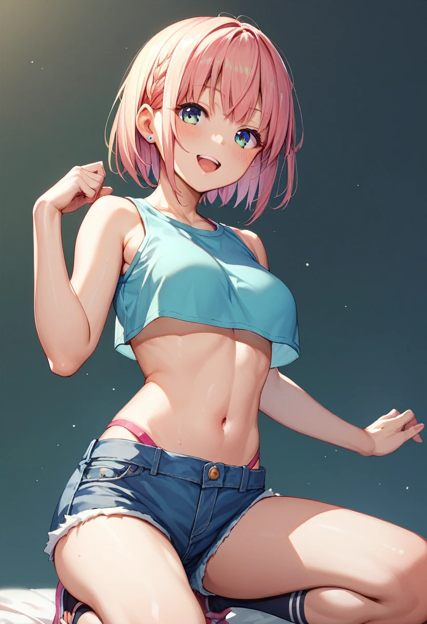 Sakimi-chan, Yoshitomo Nara, a girl with 18 years old, (crop top, mini-shorts), (cowgirl pose),