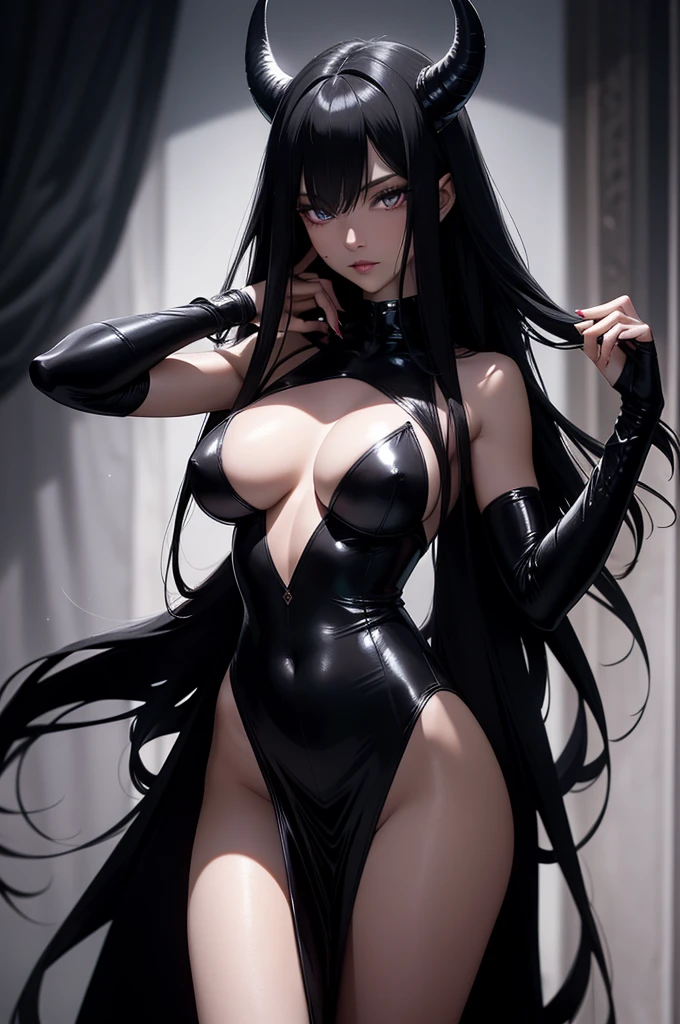 Masterpiece, Ultra High Definition, 16K UHD,
Standing,
Dark-lit, dimly-lit room,
A realistic full-body succubus girl, horns on her head, tail trailing behind, big breasts, thin waist, wide crotch, long legs, clad in black silk attire. Detailed eyes with slitted pupils, sharp fanged mouth, elongated fingernails, glossy black skin, and highly detailed facial and skin texture. Her hair is long and sleek, flowing down her back, with a subtle gloss. A seductive, yet fearsome aura emanates from her, reflecting her supernatural origin.