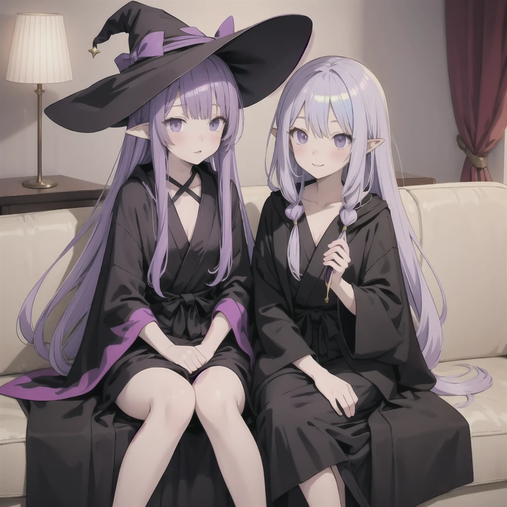 anime girl long purple hair wearing a black Robe. she has pointy ears. Witch Hat. Manga kawaii. iridescent ,An illustration, Sit on the sofa, (no background)
