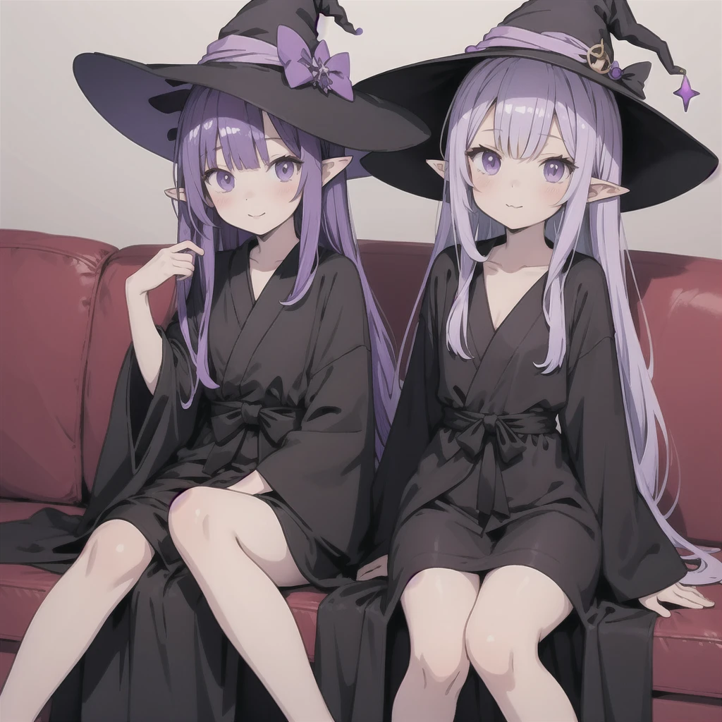 anime girl long purple hair wearing a black Robe. she has pointy ears. Witch Hat. Manga kawaii. iridescent ,An illustration, Sit on the sofa, (no background)