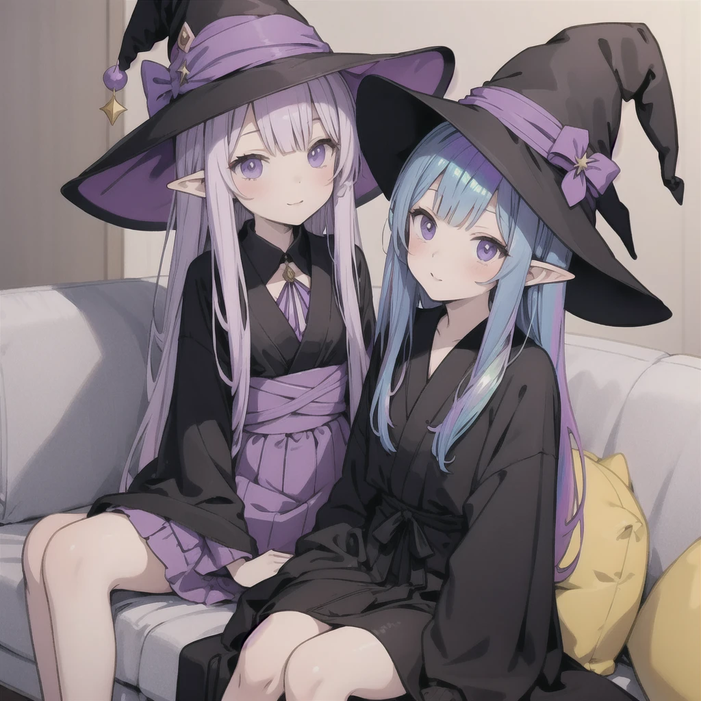 anime girl long purple hair wearing a black Robe. she has pointy ears. Witch Hat. Manga kawaii. iridescent ,An illustration, Sit on the sofa, (no background)