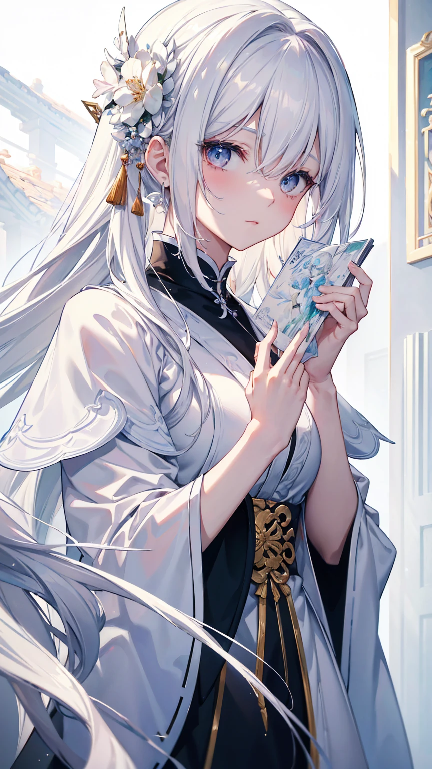 Close-up of a white-haired woman wearing a white mask, beautiful figure painting, Guvez, artwork in the style of Guvez, White-haired god, author:Yang J, Epic and beautiful character art, Stunning character art, author:Fan Qi, by Wuzhun Shifan, Guvez on pixiv artstation