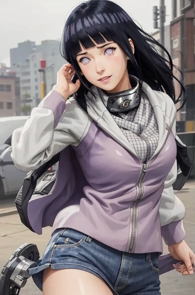 masterpiece, Highest quality, One girl, Hinata_shippu, Long Hair, Two-tone jacket, White eyes, No students, Lower the hood, Symbol of Konohagakure, Forehead protector, smile, Upper Body, alone, View your viewers, Simple Background、Master Parts, Disorganized, Hinata\(bolt\), One girl, alone,Mature Woman, View the viewer, (Petals falling), Perfect composition, Detailed lips, Large Breasts, Beautiful Face, Body Type, blush, (Pink Lips),, Purple eyes, Soft look, Ultra-realistic, be familiar with, Realistic face and body, Side view