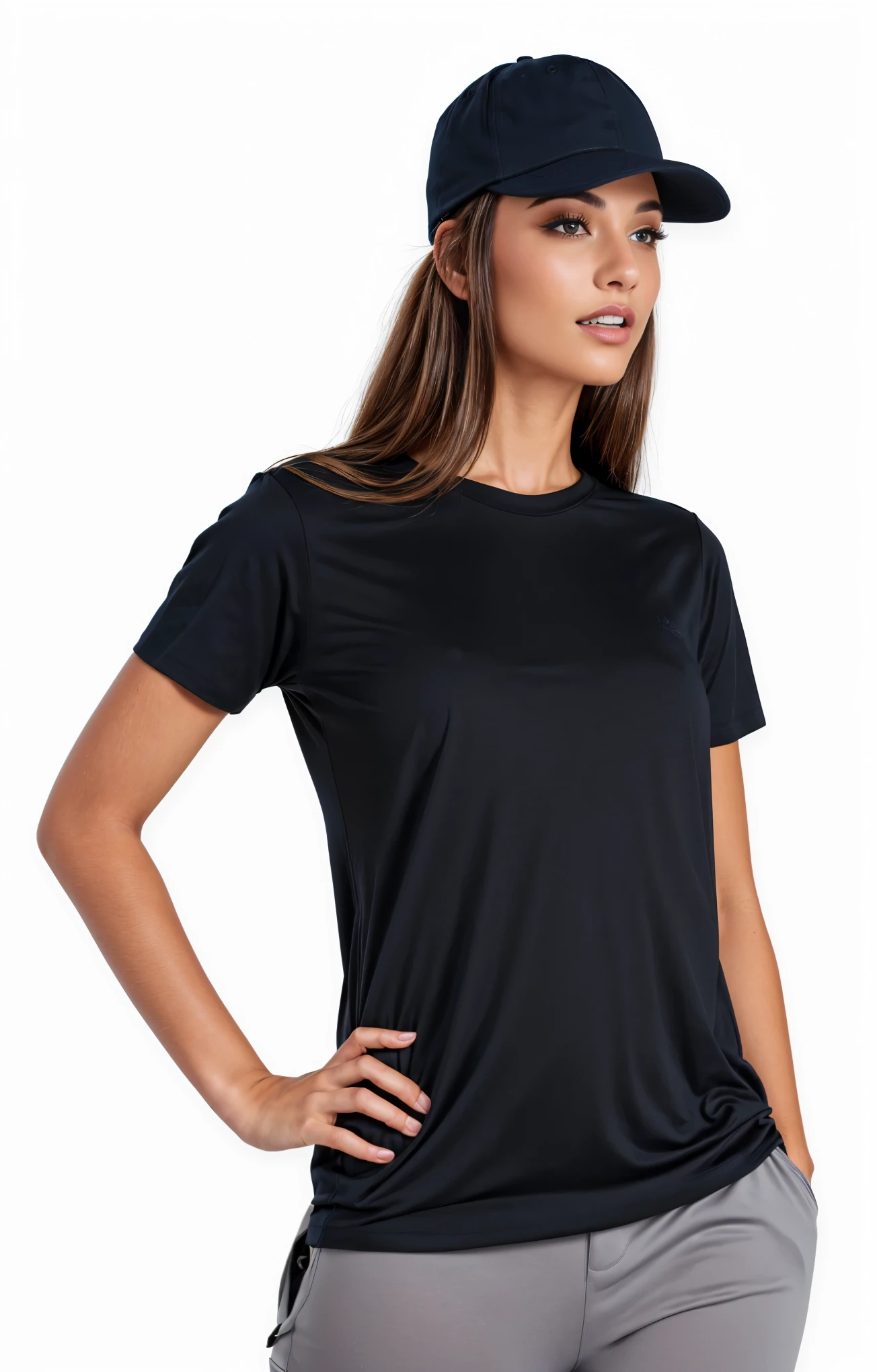 arafed woman in a black jersey and a black hat, wearing a black tee, black tee, vestindo uma black tee, vestindo black tee, wearing a black jersey, wearing a navy blue cap, black tee, black tee, black jersey, with black hat on head, full product shot, black hat