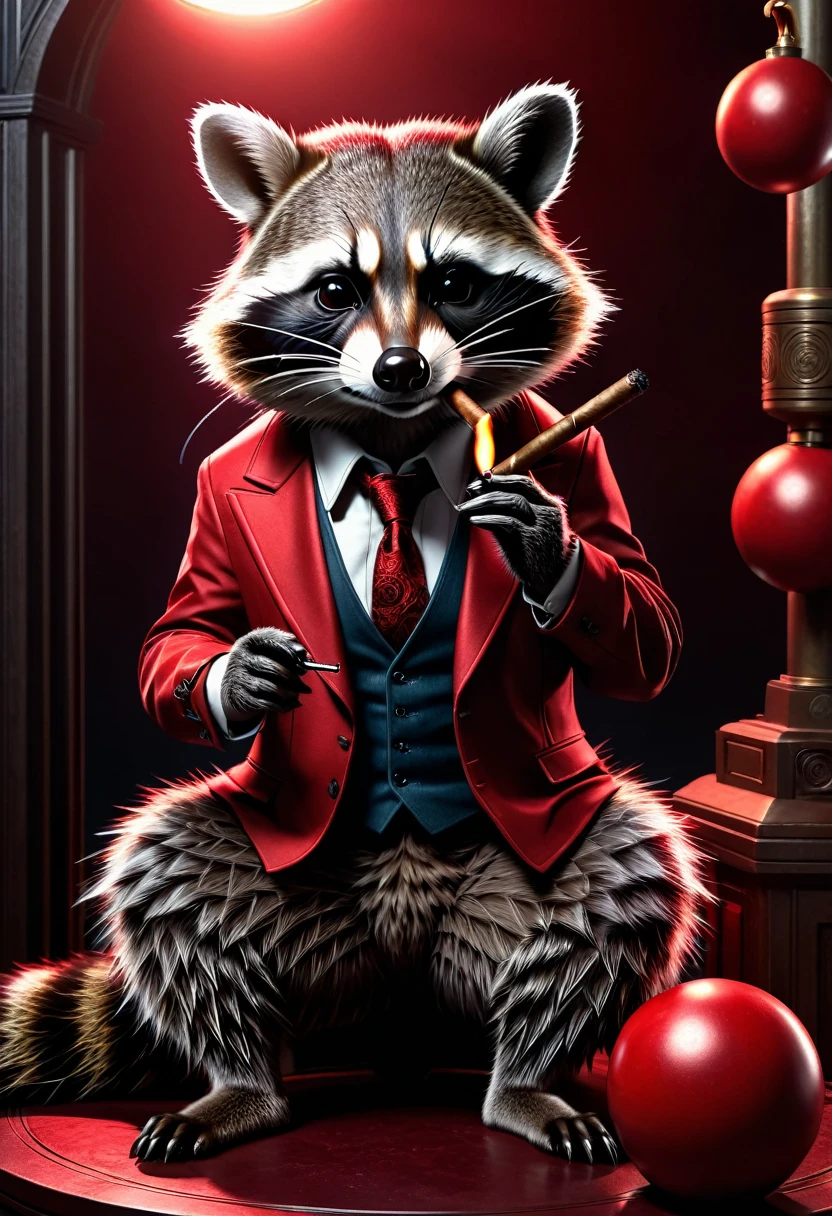 Raccoon with a cigar in his fingers that he is smoking, standing in his space leaning casually on a large red ball that is as big as hon, dark gloomy Resident Evil background, detailed realistic raccoon, detailed photorealistic raccoon, very detailed, 8k, hyperrealistic, Cinematic lighting, dramatic lighting, mood lighting, dark, intricate details, award-winning photography, stunning visual effects