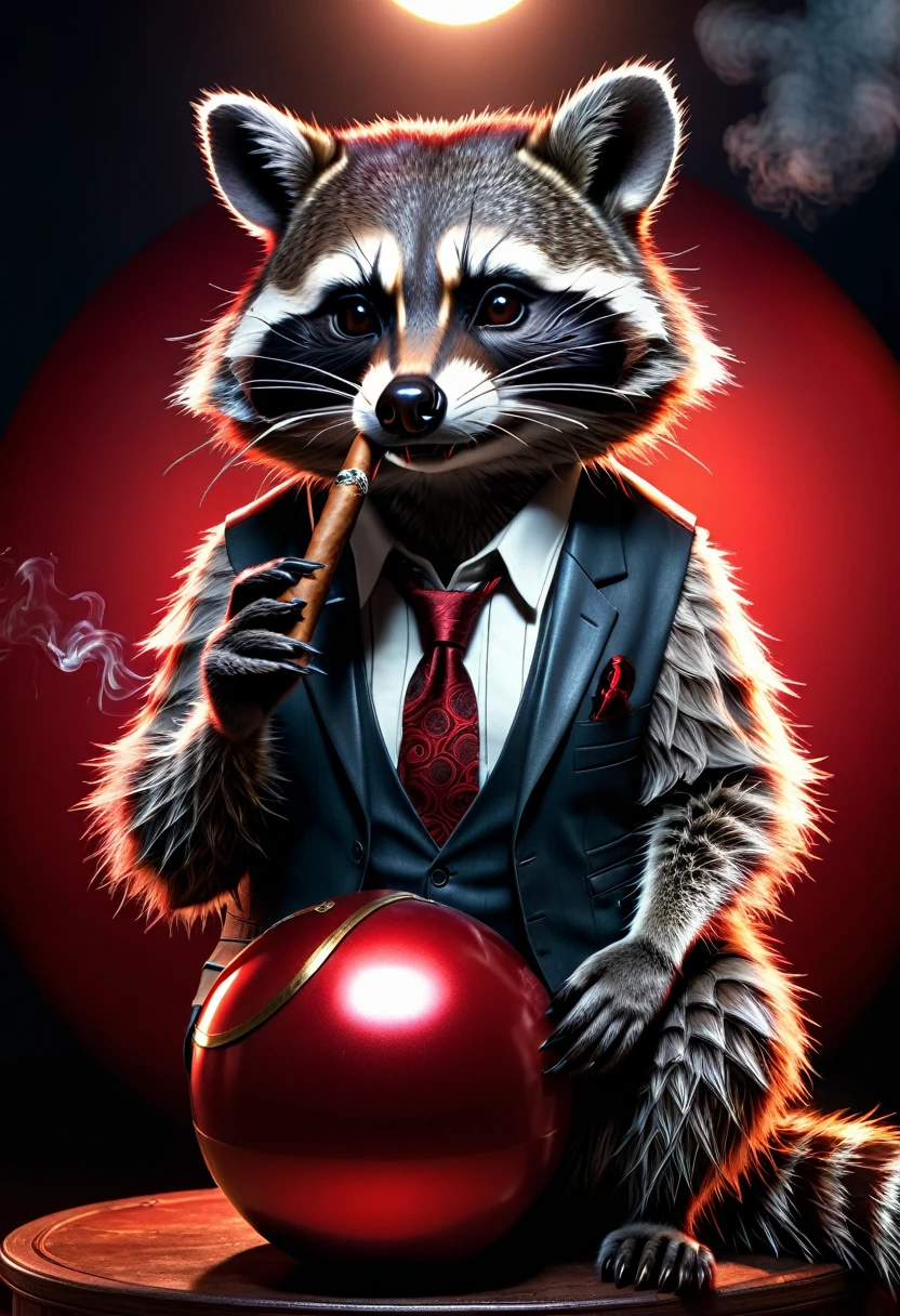 Raccoon with a cigar in his fingers that he is smoking, standing in his space leaning casually on a large red ball that is as big as hon, dark gloomy Resident Evil background, detailed realistic raccoon, detailed photorealistic raccoon, very detailed, 8k, hyperrealistic, Cinematic lighting, dramatic lighting, mood lighting, dark, intricate details, award-winning photography, stunning visual effects