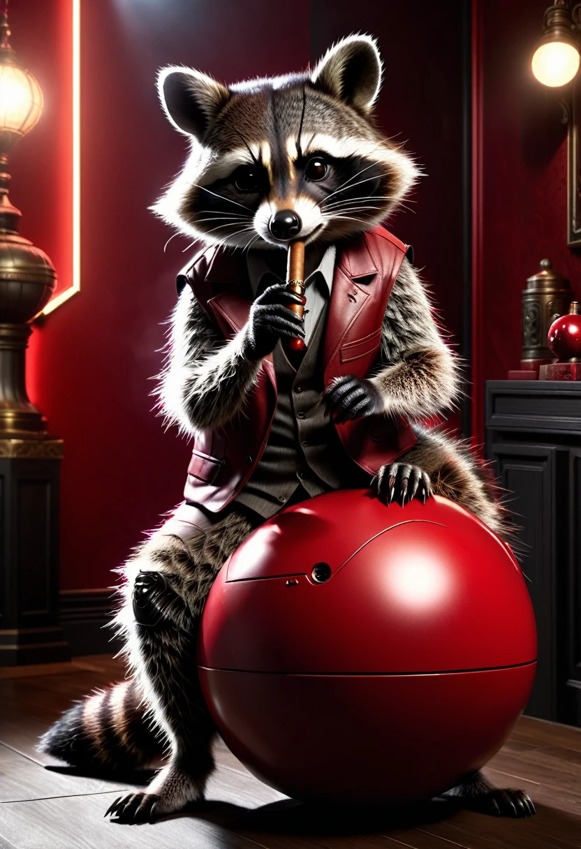 Raccoon with a cigar in his fingers that he is smoking, standing in his space leaning casually on a large red ball that is as big as hon, dark gloomy Resident Evil background, detailed realistic raccoon, detailed photorealistic raccoon, very detailed, 8k, hyperrealistic, Cinematic lighting, dramatic lighting, mood lighting, dark, intricate details, award-winning photography, stunning visual effects