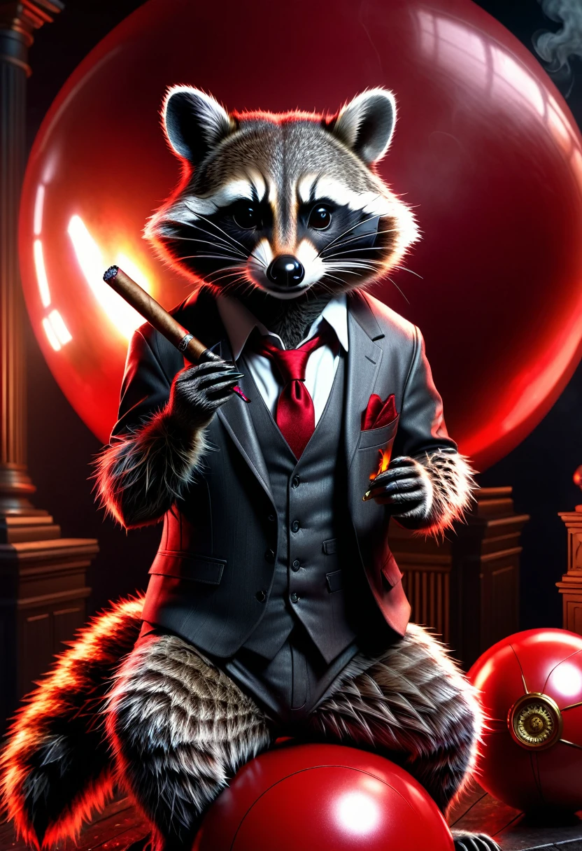 Raccoon with a cigar in his fingers that he is smoking, standing in his space leaning casually on a large red ball that is as big as hon, dark gloomy Resident Evil background, detailed realistic raccoon, detailed photorealistic raccoon, very detailed, 8k, hyperrealistic, Cinematic lighting, dramatic lighting, mood lighting, dark, intricate details, award-winning photography, stunning visual effects