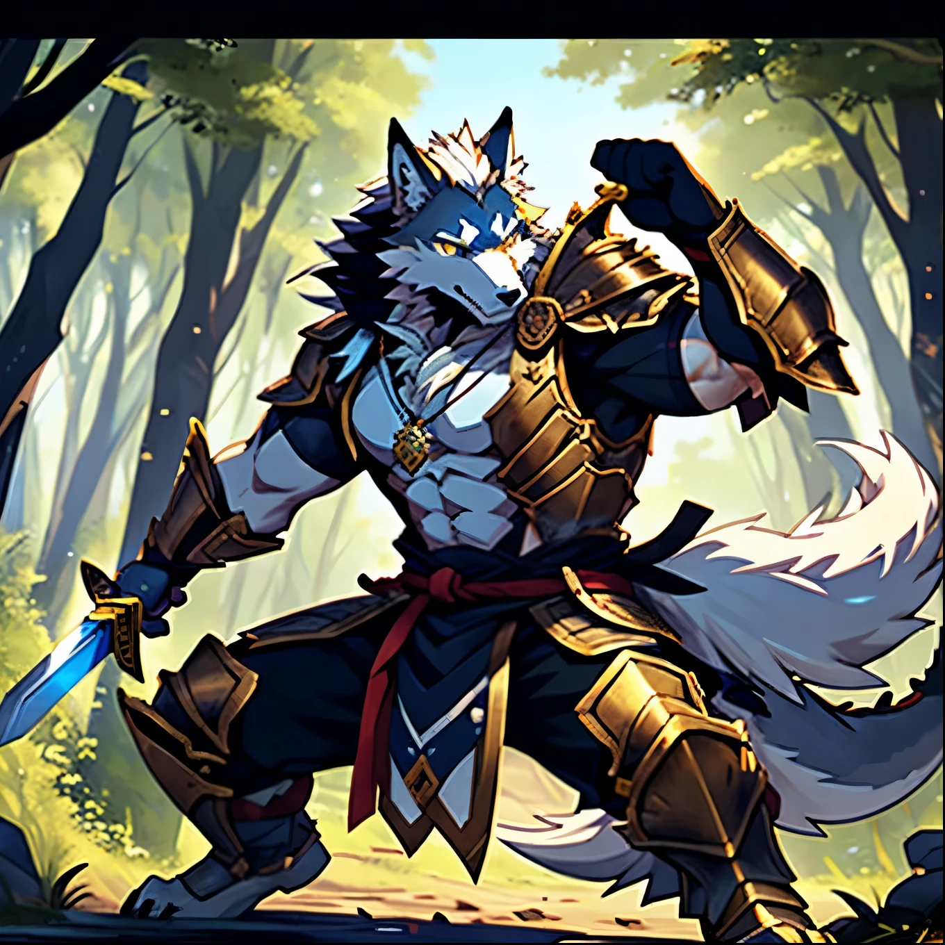 Injuried、、and、Sad eyes、Wound、armor、sword、hairy、masterpiece、Anthropomorphic white wolf，Dragon-like golden eyes，Pure white hair，Tail，Wolf head pendant，Fighting Stance，forest