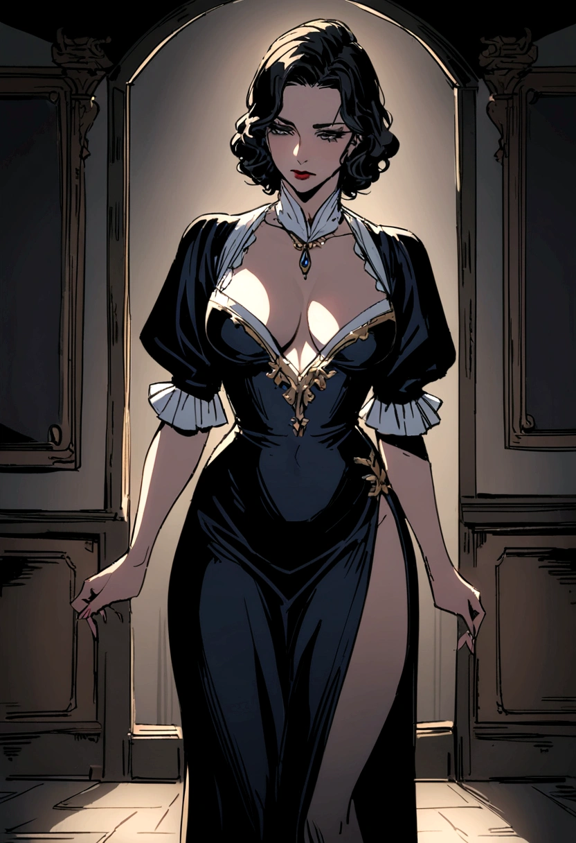 a beautiful, tall, mature woman, with short hair, a stern look, wearing a sexy dress, visible cleavage, a dark room, 17th century atmosphere, seductive, noble woman, slit dress,