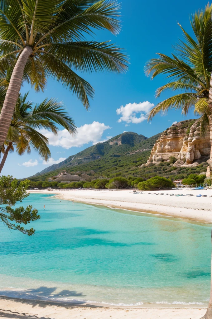 plage sable de fin, mer de couleur turquoise, avec des palmiers, beau paysage