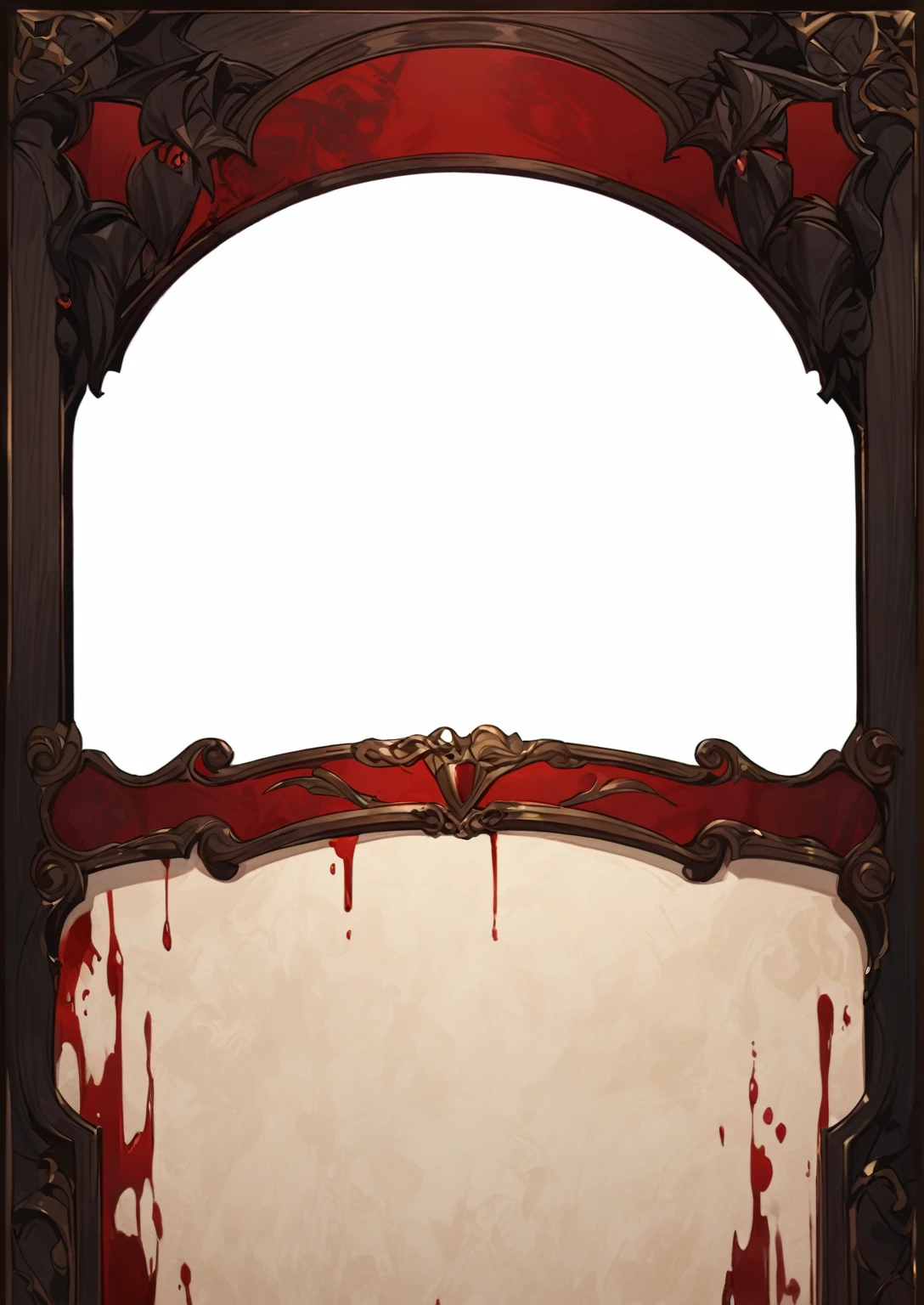 A card border UI,Medieval European aristocracy design,Noble and elegant dark style,Redwood frame,Parchment backing,There are blood stains on it。Deep Red、Emerald Green、Gold main tone。