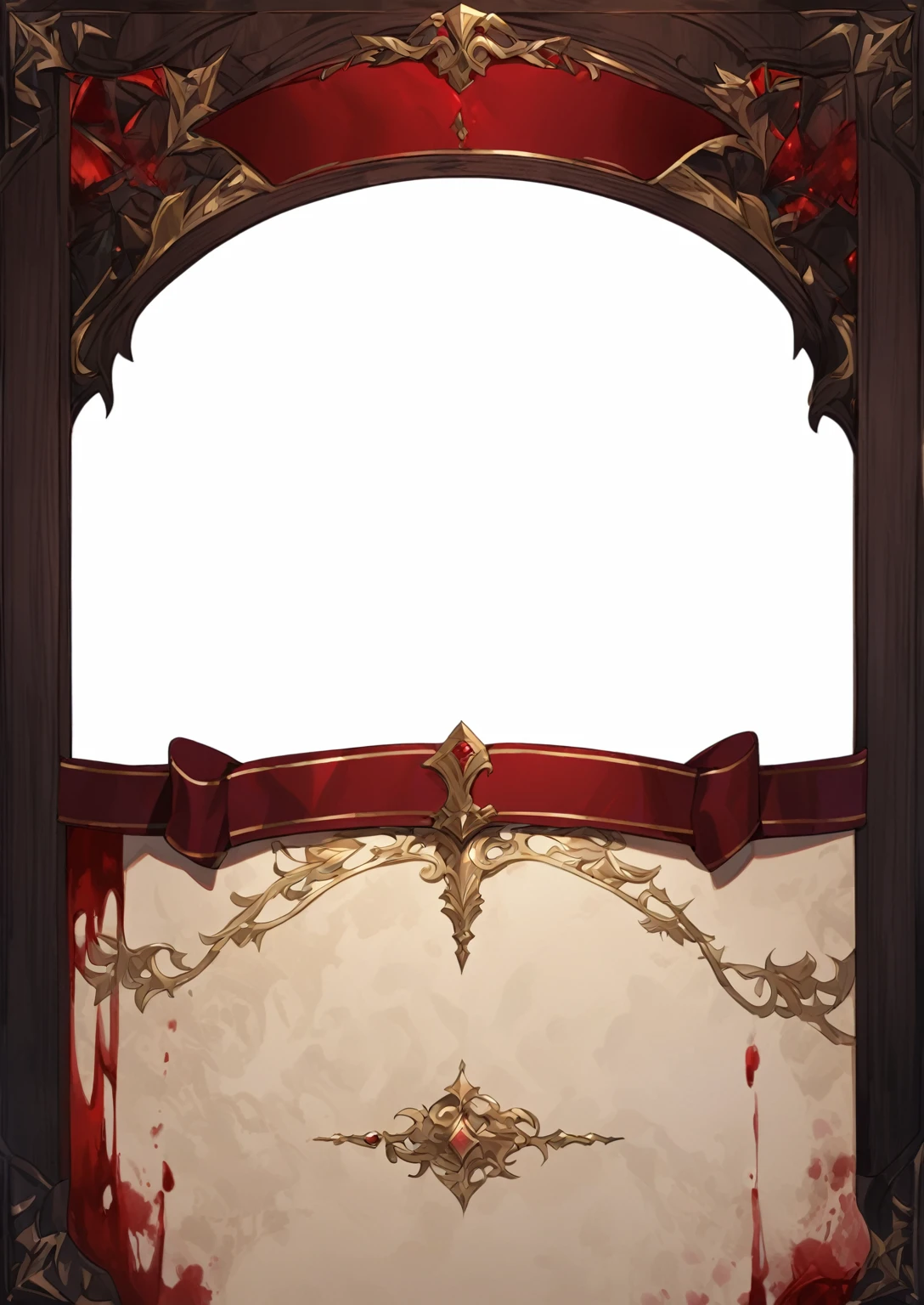 A card border UI,Medieval European aristocracy design,Noble and elegant dark style,Redwood frame,Parchment backing,There are blood stains on it。Deep Red、Emerald Green、Gold main tone。
