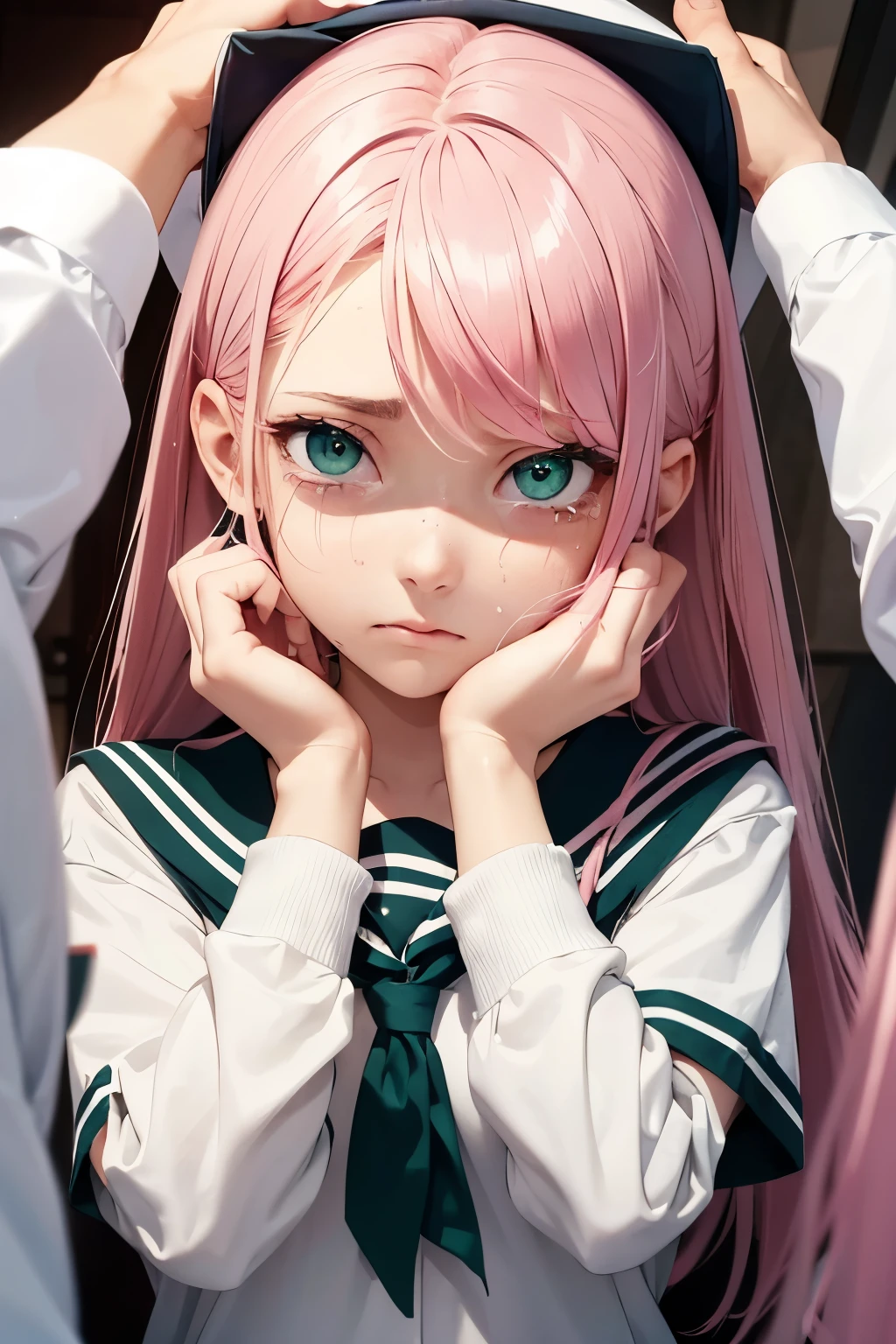 A 18 years old girl with pink hair and green eyes wearing a sailor . her face expression is scared and she is sobbing and crying and an unknown person's hand is covering her mouth forcefully
