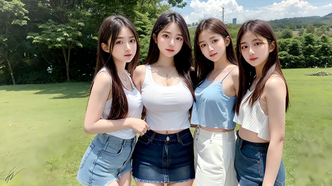 (4 Girls), Indonesian , 18 years old,long hair, white skin, big breast, blue eyes, meadow, silver hair, 8K, The details are very realistic...., The best of photography Wear a tank top, jeans skirt(4 Girls)