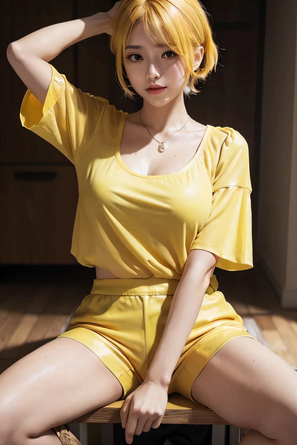 ((yellow short sleeve blouse)),((yellow hot pants)),((sweating a lot)),((Didn&#39;t shower)),((It smells like a living rotting corpse.)),((I didn’t wash my hair so my hair became matted)),((Poop coming from the anus)),((innocent)),((Pretty lady))