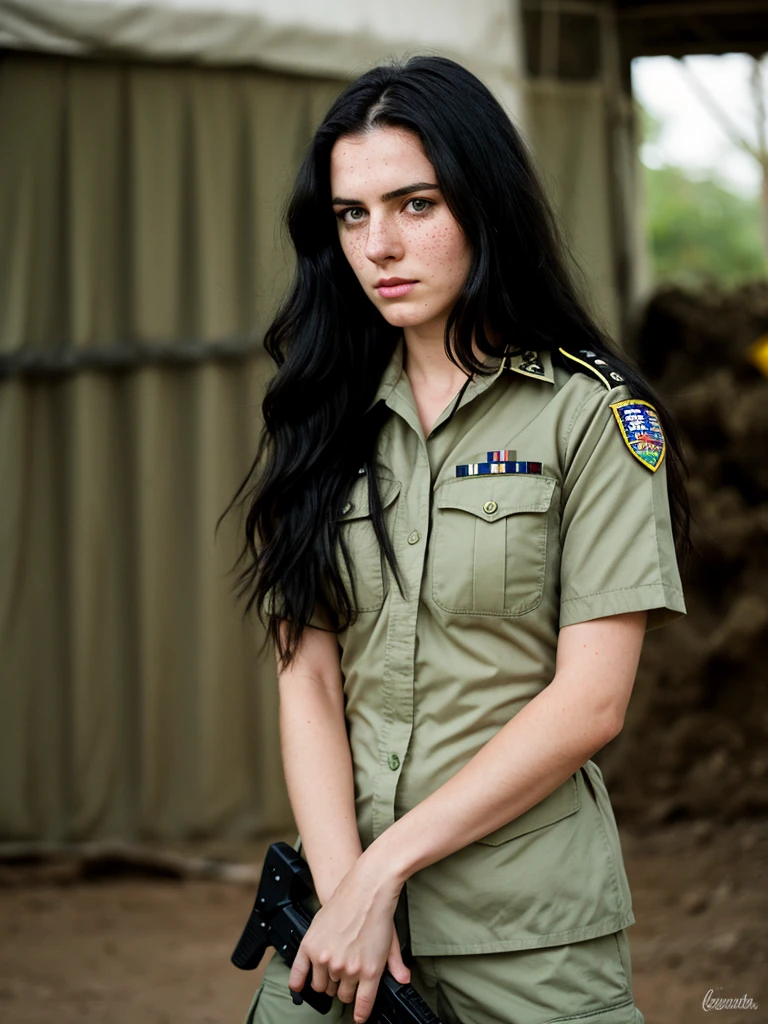 1womanl, long, wavy black hair, clear green eyes, americana, series, no smile, freckles, aparência madura e series, lieutenant, soldier, karo, automatic weapon, pale skin