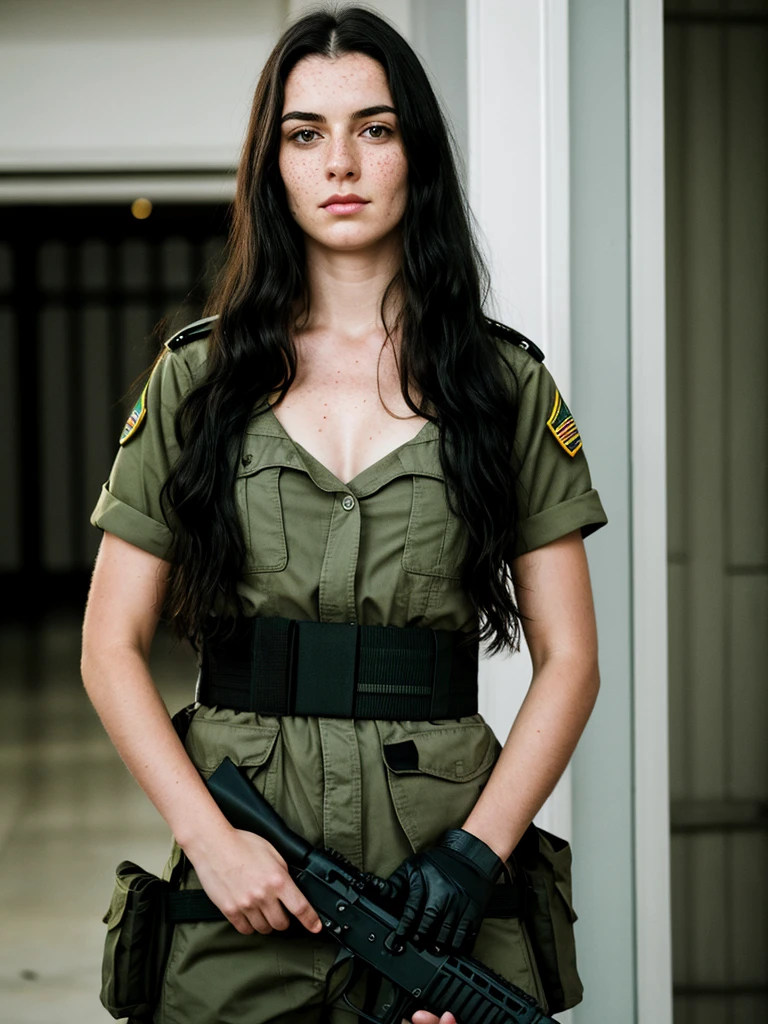 1womanl, long, wavy black hair, clear green eyes, americana, series, no smile, freckles, aparência madura e series, lieutenant, soldier, karo, automatic weapon, pale skin