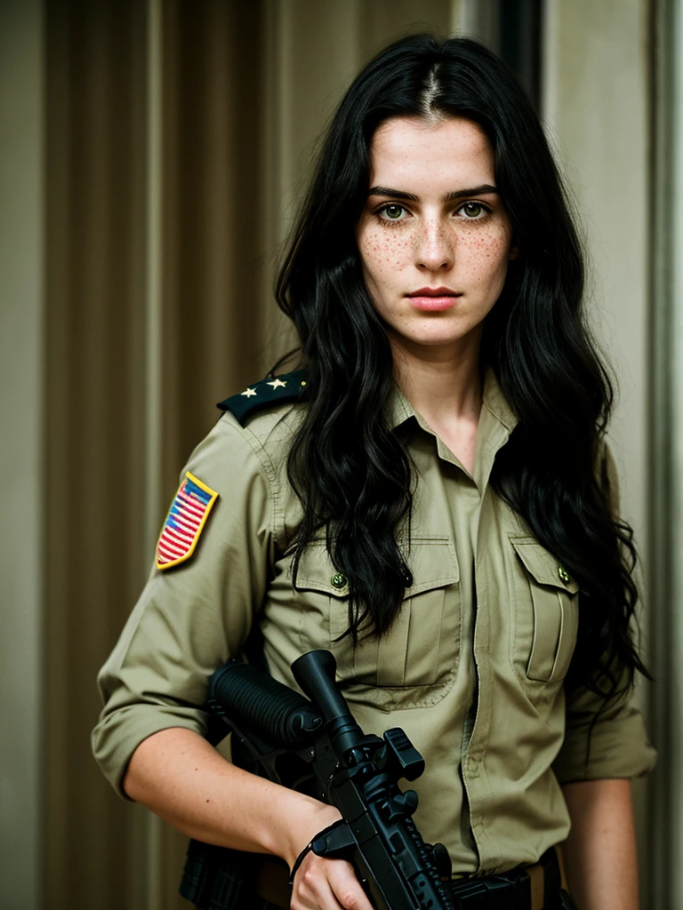 1womanl, long, wavy black hair, clear green eyes, americana, series, no smile, freckles, aparência madura e series, lieutenant, soldier, karo, automatic weapon, pale skin