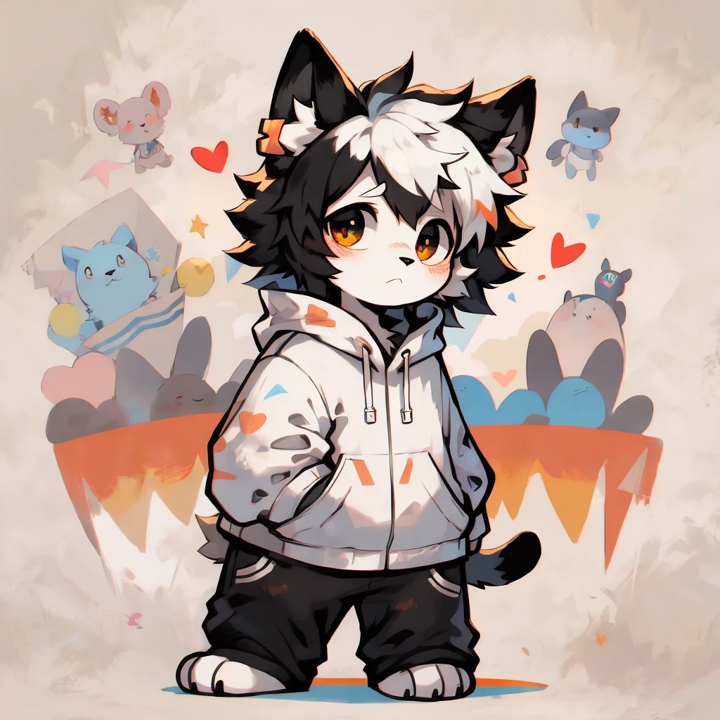 black Cat,hairy,furry,Colorful patterned white sweatshirt,Black casual pants with white stripes,Q version,adorable,Simple art style,Cartoon-Style,There is little love in the eyes,black pupils,White hair on the paws,Black hair on the ears, white hairs on the earplugs,black hair on the back,Black tail with white tip,side,dislike,qwq-face,sad,colorful graffiti background, only one character not multiple
