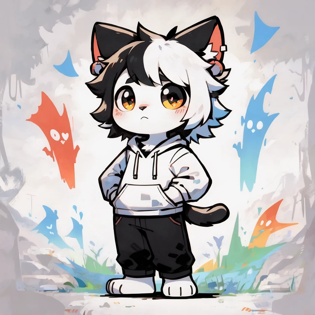 black Cat,hairy,furry,Colorful patterned white sweatshirt,Black casual pants with white stripes,Q version,adorable,Simple art style,Cartoon-Style,There is little love in the eyes,black pupils,White hair on the paws,Black hair on the ears, white hairs on the earplugs,black hair on the back,Black tail with white tip,side,dislike,qwq-face,sad,colorful graffiti background, only one character not multiple