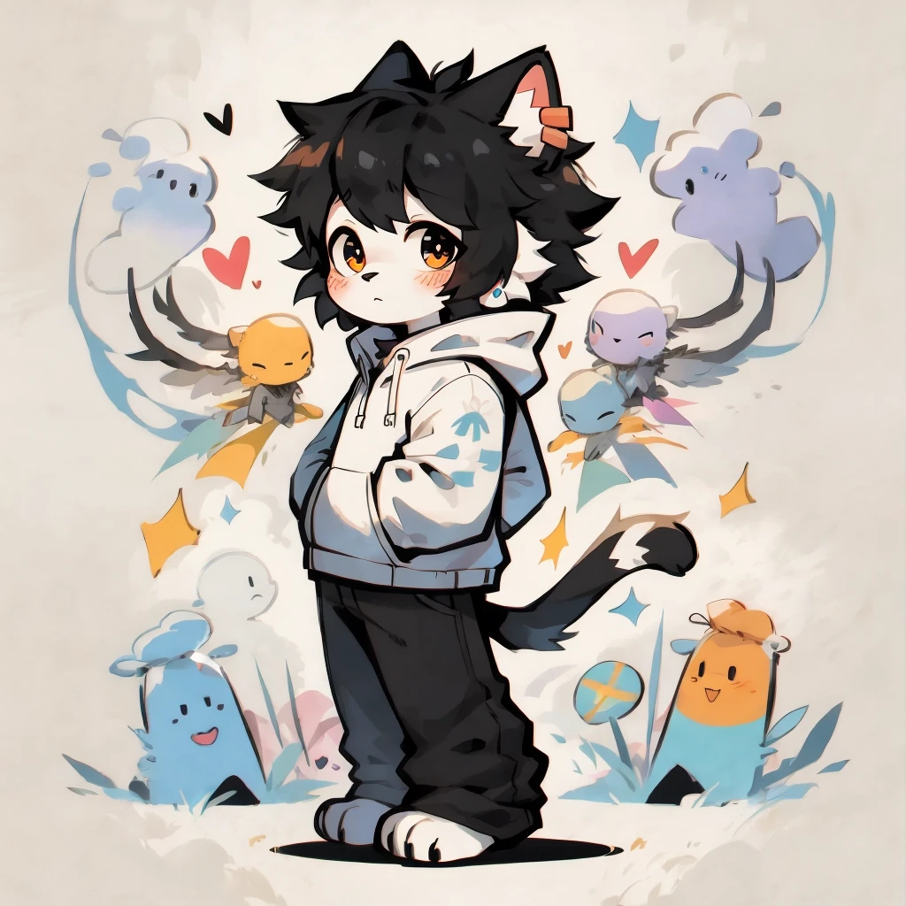 black Cat,hairy,furry,Colorful patterned white sweatshirt,Black casual pants with white stripes,Q version,adorable,Simple art style,Cartoon-Style,There is little love in the eyes,black pupils,White hair on the paws,Black hair on the ears, white hairs on the earplugs,black hair on the back,Black tail with white tip,side,dislike,qwq-face,sad,colorful graffiti background, only one character not multiple