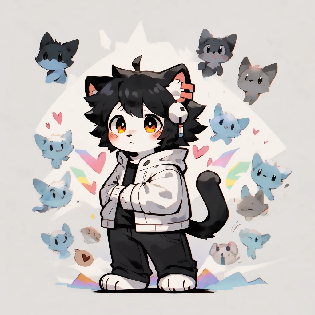 black Cat,hairy,furry,Colorful patterned white sweatshirt,Black casual pants with white stripes,Q version,adorable,Simple art style,Cartoon-Style,There is little love in the eyes,black pupils,White hair on the paws,Black hair on the ears, white hairs on the earplugs,black hair on the back,Black tail with white tip,side,dislike,qwq-face,sad,colorful graffiti background, only one character not multiple