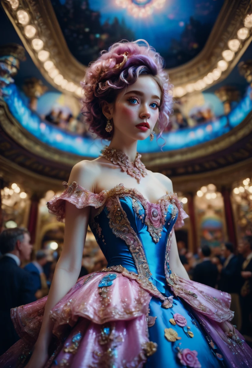 Evening Dress, theater, by Rachel Maclean, 35mm photograph, bokeh, best quality, masterpiece, very aesthetic, perfect composition, intricate details, ultra-detailed