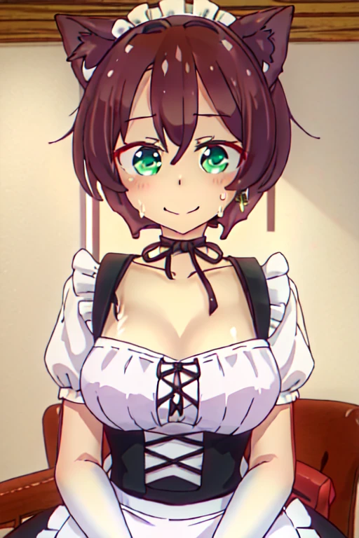 ((NSFW))、(8K、ultra high resolution、Ultra high definition、Super high quality、ultra realistic、best quality、master piece:1.2、Best Illustrations:1.4)、((Maid clothes))、((heart hands))、(elf、chestnut hair、pixie cut)、(Detailed facial depiction、Detailed description of the eyes、Huge breasts that are about to burst)、(A smile that gives viewers a sense of security:1.3)、(((place:coffee shop)))、the best beauty、So cute、glamorous、delicate and beautiful face、(((perfect body)))、Nogizaka、Idol、Lewd、erotic、obscene、obscene