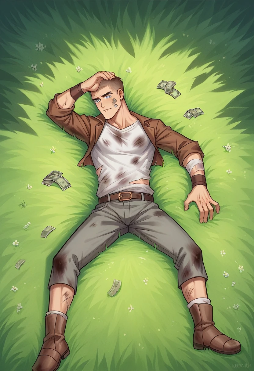 "Generate a high-definition, 4K image of a scene featuring a 5--old with striking blue eyes lying on his back on a lush green lawn. His face, partially dirt-smudged, reflects deep sadness and a sense of neglect. Only his upper body is visible, with his small, frail arms lying limp at his sides. His clothes are tattered and dirty, underscoring his state of abandonment and worthlessness. The grass around him is vibrant and meticulously detailed, each blade distinct.
Scattered around the boy are numerous US dollar bills, some crumpled, others lying flat. The dollar bills are in various states of wear, with some edges frayed and others appearing almost new. The contrast between the green grass and the green of the dollar bills should be subtle yet noticeable, enhancing the surreal nature of the scene. The lighting is soft and natural, as if captured during late afternoon, adding depth to the image and highlighting the textures of the boy’s clothes, the grass, and the dollar bills.
The overall composition should evoke a strong emotional response, highlighting the disparity between the wealth represented by the money and the boy’s obvious state of neglect and abandonment. The details should be crisp and vivid, ensuring that every aspect of the scene is captured with clarity and realism."
