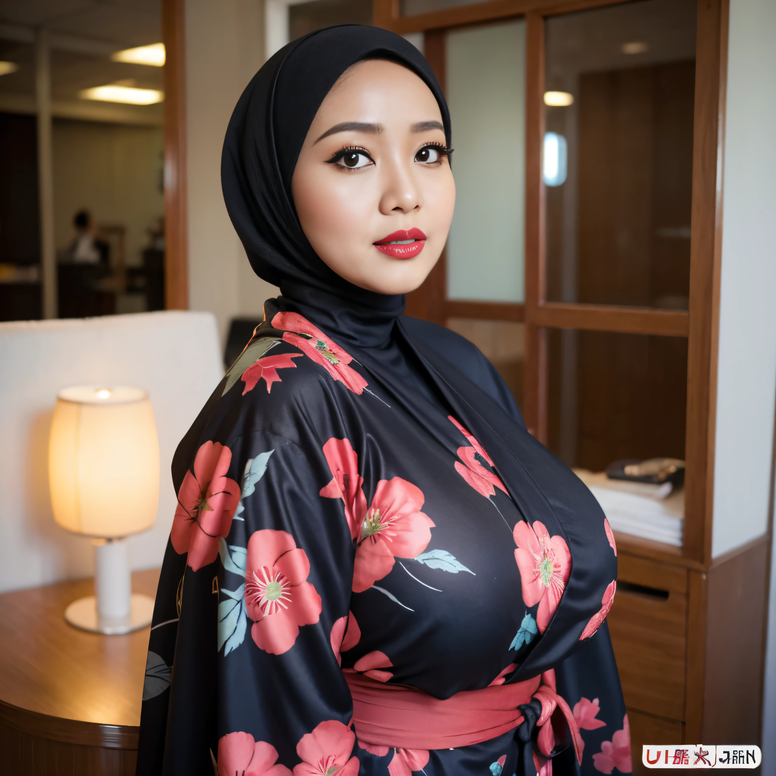 34 years Old, Hijab Indonesian MILF, Sugar Mama,   Black and Red lipstick, Ulta-Gigantic Tits : 158.9, Tight Yukata, Chubby body, at Office, Bright light, at Daytime