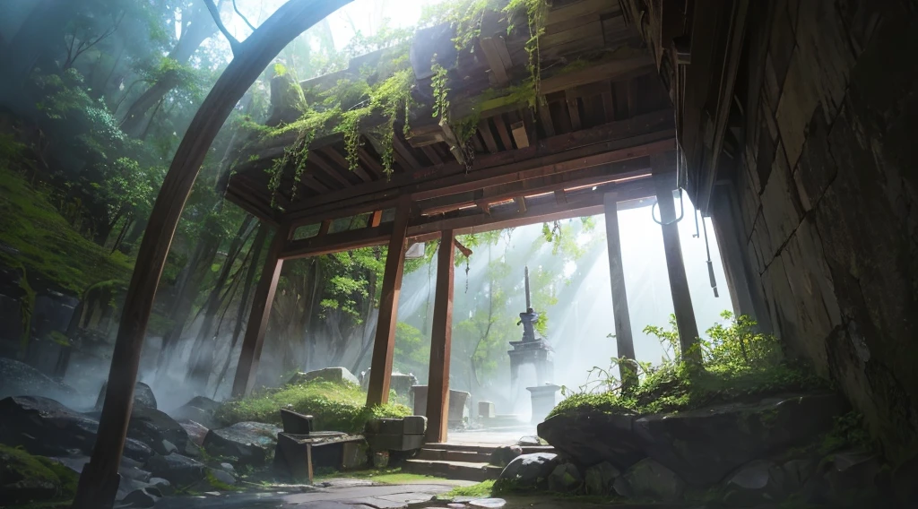 Sacred Cave, Shimizu, The mysterious cave of the abandoned shrine reflects the misty sunlight that shines through the small opening in the top of the cave., Casting an otherworldly glow on the scene. The cave walls are decorated with statues and intricately carved images of gods.