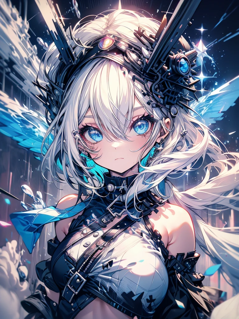 highest quality, masterpiece, long eyelashes, blue eyes punk girl, Dressed in punk clothes, super mini skirt, Sparkling, big breasts, Cat ear, white hair,