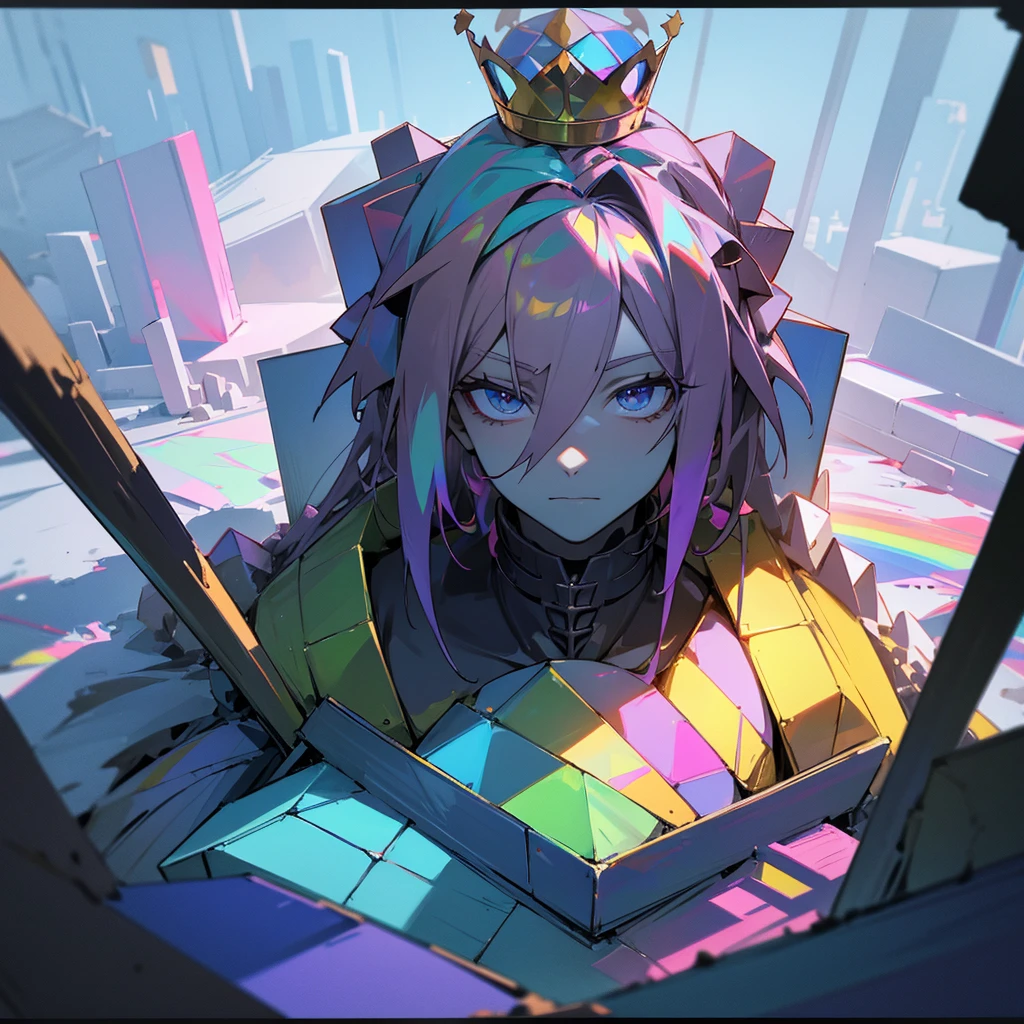 Magestic Statue made of Bismuth, ruins, under the surface, male, Crown, Colorful Enviroment