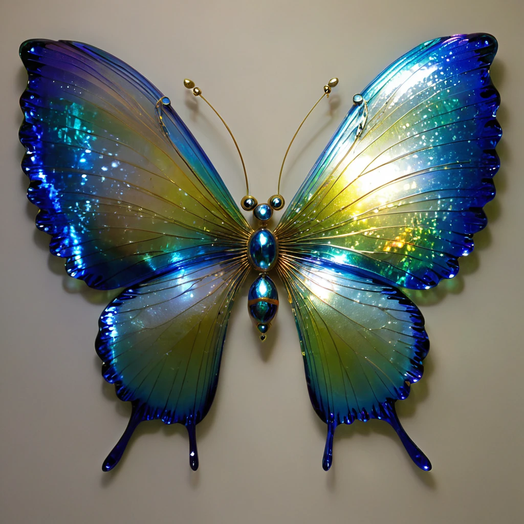 Giant creatures, Made from a mix of iridescent glass and wood.. The body is smooth and smooth., It sparkles in the light as if made of liquid silver... The limbs are pointed and have graceful ends..,  brittle,subtle appearance,strength and resilience, Engraved from the very essence of the Earth itself.. Eyes are large and expressive, Shining with soft blue light ,A pair of translucent wings sprout from the back.., The edges sparkle with little flakes of gold and green... nature, sky, jagged, carved,