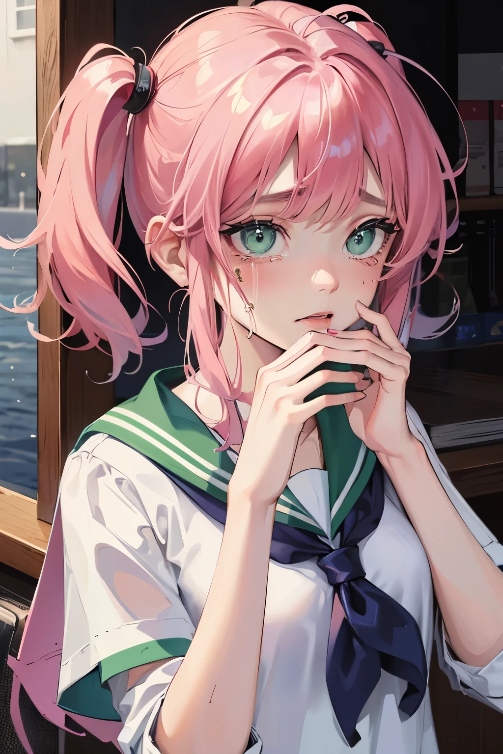 A 18 years old girl with pink hair and green eyes wearing a sailor . her face expression is scared and she is sobbing and crying and an unknown person's hand is covering her mouth forcefully